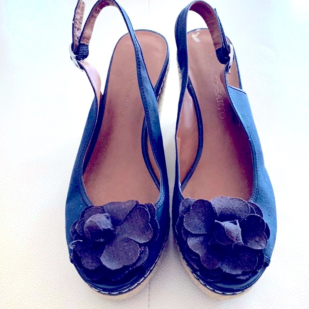 Franco Sarto Espadrilles 9 Navy Floral Feminine Wedges Stacked Heel Sandals